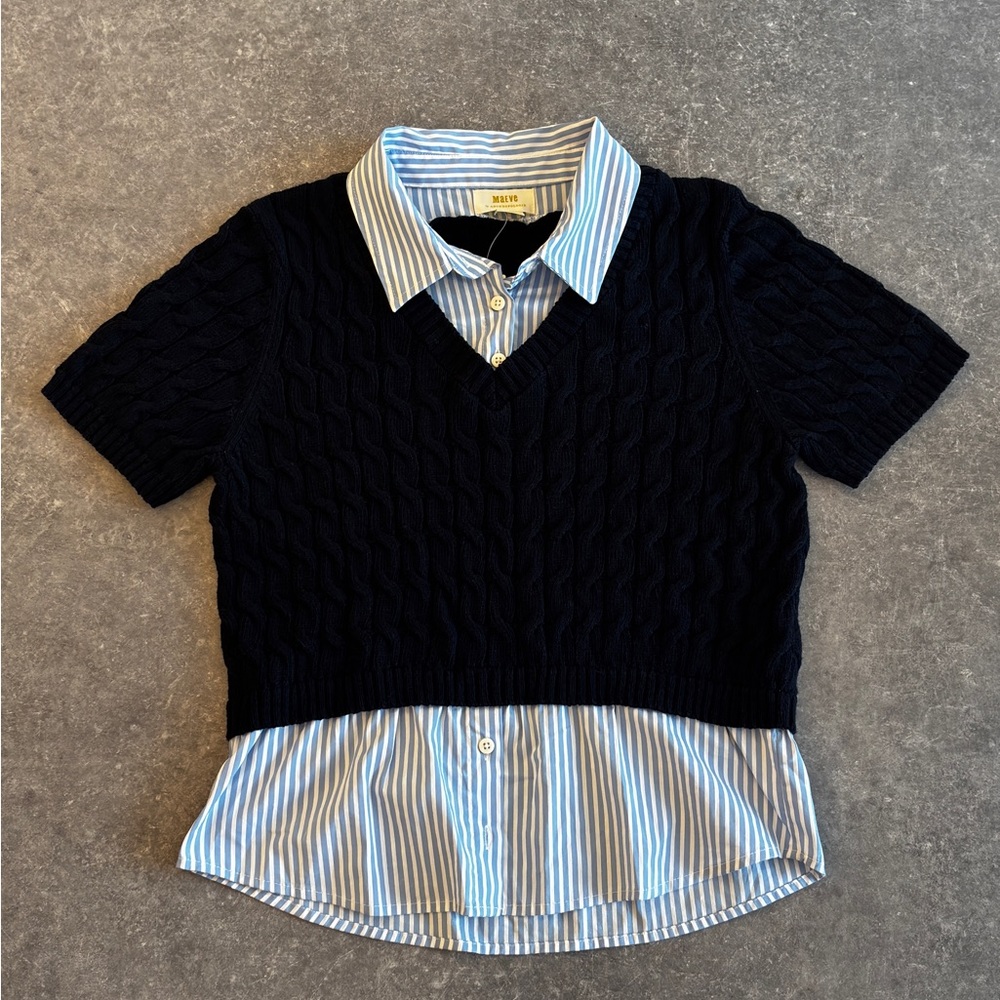 Maeve Black Knit Vest with Blue Striped Shirt